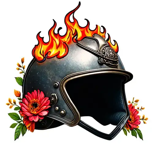 fire helmet with flowers tattoo design idea