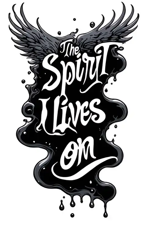 black oil spill "the spirit lives on" written tattoo design idea