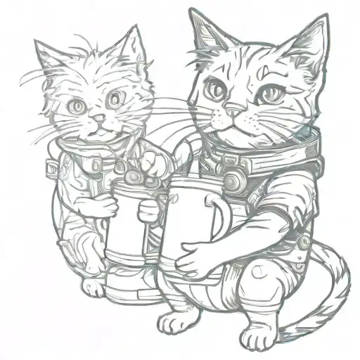 a cute-eyed cat with a jet armor on his back, holding a bottle of milk in one paw and cat food in the other tattoo design idea