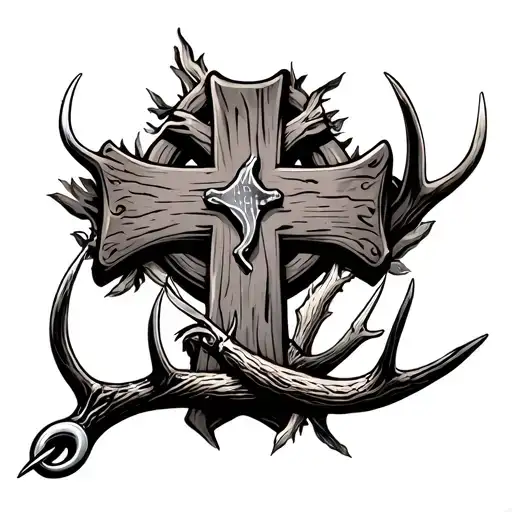 old rugged cross with antler and fishing hook intertwined tattoo design idea