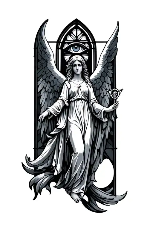 church stained glass window, female angel and all seeing eye tattoo design idea