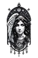 church stained glass window, female angel and all seeing eye tattoo design idea