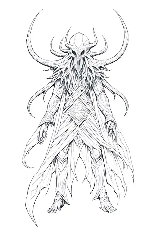 DnD tattoo design inspired by Baldurs Gate 3 story, with a mind flayer, D20, warlock, ranger, cleric and mage tattoo design idea