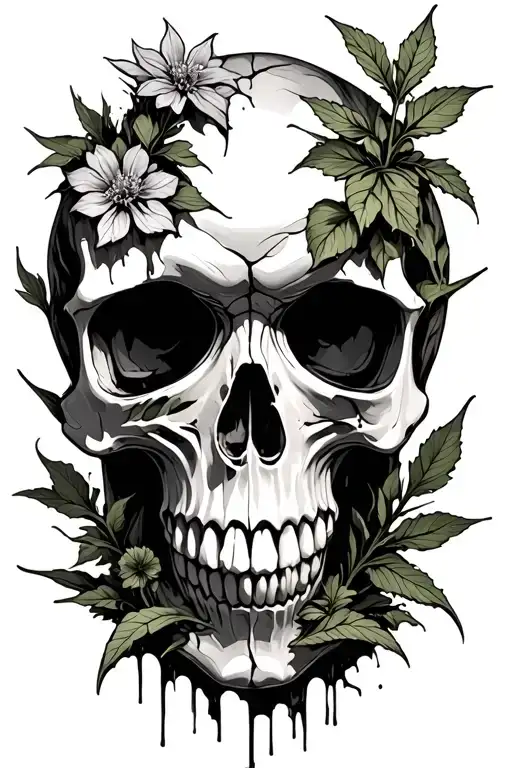 A skull with plants blooming through the cracks in it tattoo design idea