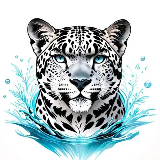 full body snow leopard with water elements incorporated tattoo design idea