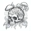 mushroom growing out of skull with smoke behind it tattoo design idea