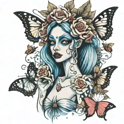 corpse bride flowers and butterflies tattoo design idea