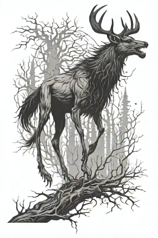 wendigo  in the forest with flying flock of crows tattoo design idea