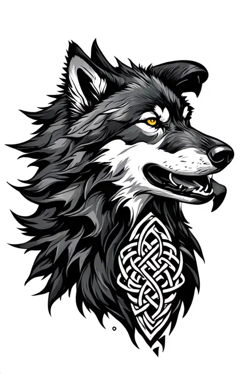 Wolf's head howling in shade with nordic runes, Odin crows and Celta knot tattoo design idea