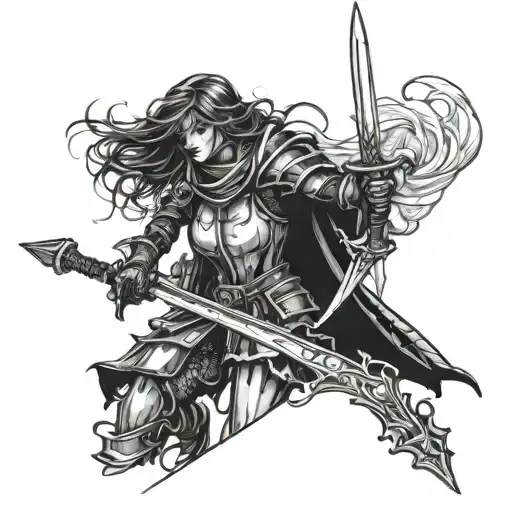 dark fantasy female knight holding a sword tattoo design idea