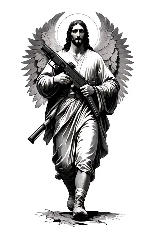 Realism tattoo. The design is Saint Gabriel walking while holding an ak 47 on his left hand and a tattoo design idea