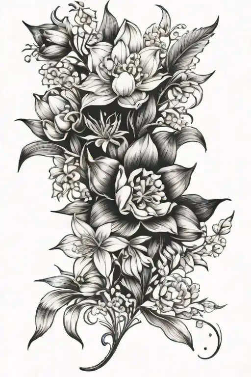 lilly of the valley, aster, daffodil, rose tattoo design idea