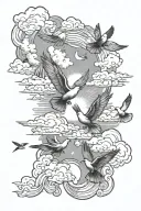 cloud background and doves flying towards the sun tattoo design idea