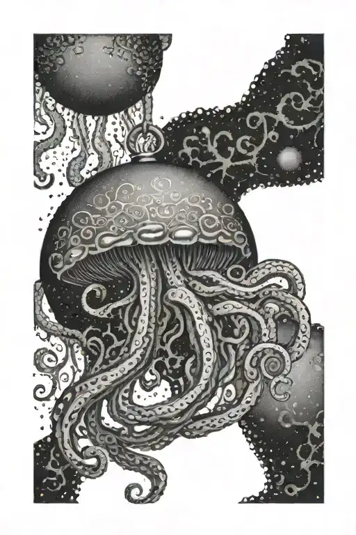 Tentacles and a jellyfish. A Christmas ball hangs between them tattoo design idea