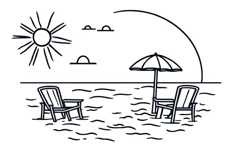 beach landscape, mod morning sun, small to mid size waves, two chairs and umbrella on beach tattoo design idea