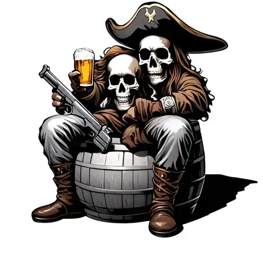 skull pirate sitting on a barrel holding a gun and beer tattoo design idea