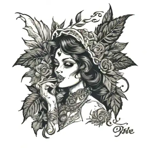 gothic woman smoking a blunt surrounded by weed leaves tattoo design idea