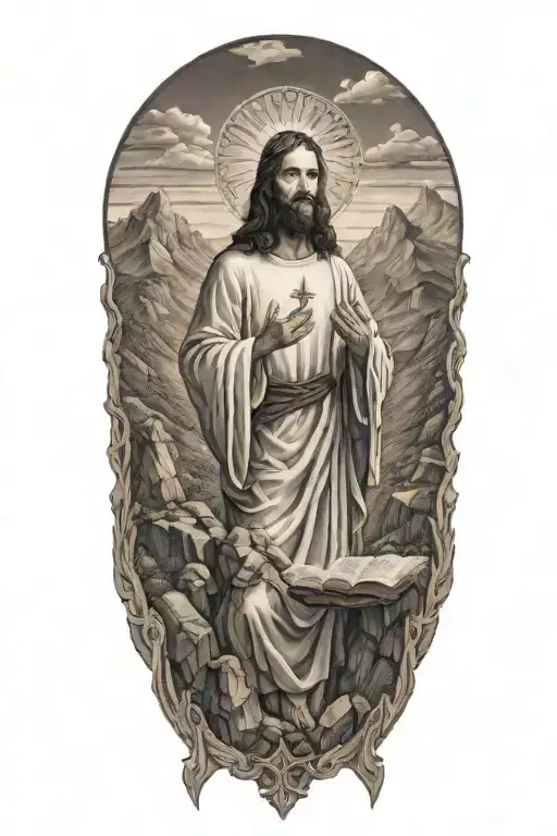 A tattoo design of Jesus preaching on a mountain landscape, surrounded by Bible verses and Holy Spiritual symbols tattoo design idea