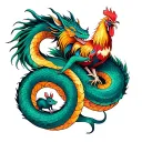 Dragon is embracing a cobra twisting into a spiral; the Dragon carrying a rooster and a rat. tattoo design idea