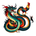 Dragon is embracing a cobra twisting into a spiral; the Dragon carrying a rooster and a rat. tattoo design idea