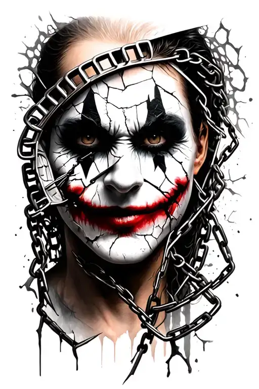 Asymmetric face, masked smile, cracked and tear streaked side. Black grey tones, broken chains, shattered clock joker tattoo design idea