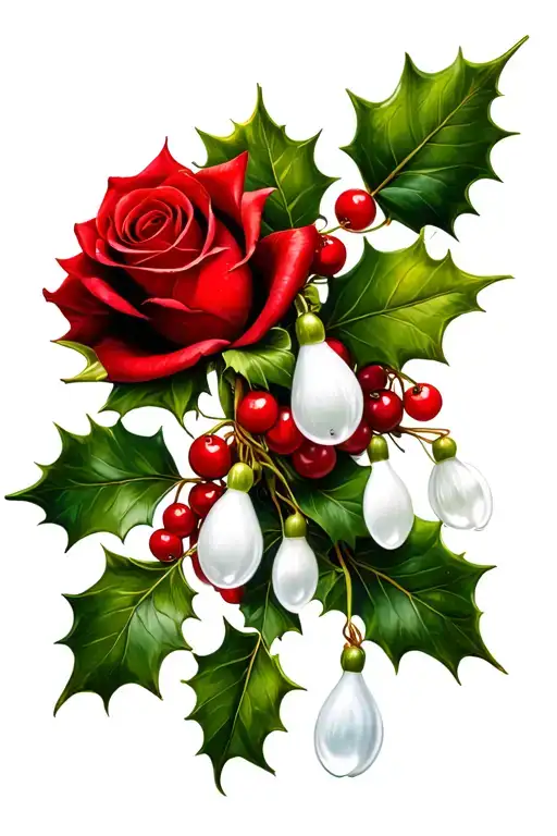a red rose, holly leaf with berries and a snow drop flower bouquet  tattoo design idea