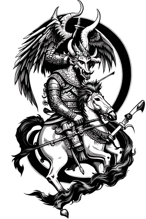 Polish wing hussar fighting an oni tattoo design idea