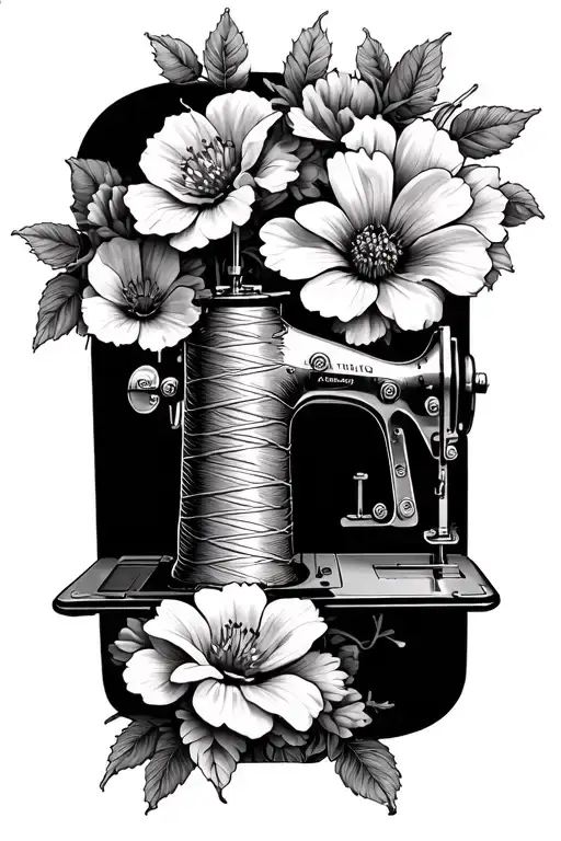 Sewing machine, thread, flowers blooming tattoo design idea