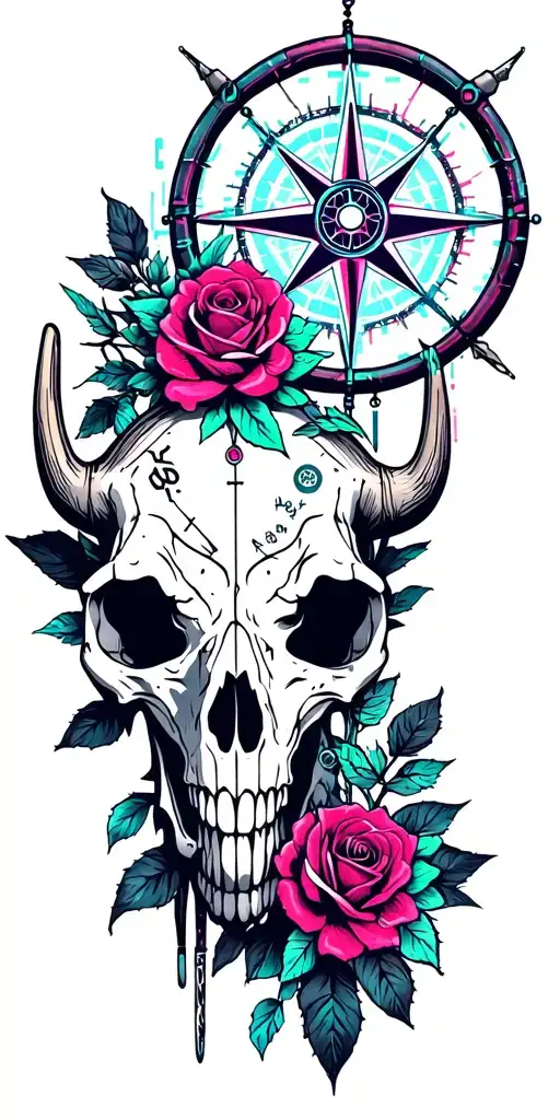 Metal, Southwest, Cactus, Dead Roses, Compass, Dreamcatcher, Longhorn skull tattoo design idea