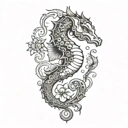 seahorse octopus sea turtle swimming tattoo design idea