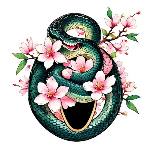 planchette snake slithering and japanese cherry blossoms tattoo design idea
