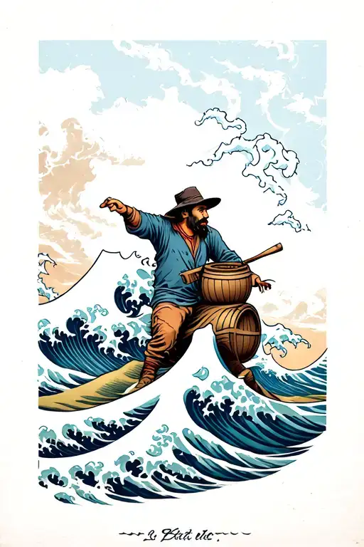 a destitute man in a barrell riding the great wave tattoo design idea