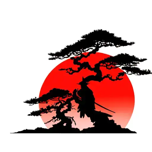 Japanese Ronin warrior sillhouette beside a dead Bonsai Tree in front of the rising sun tattoo design idea