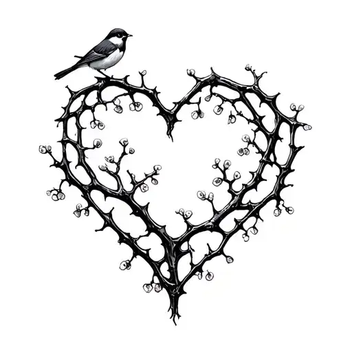 blackberry thorn branches shaped like a heart with a sparrow on a branch looking upward tattoo design idea