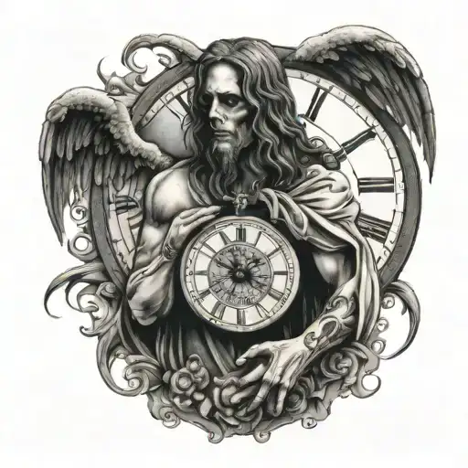 death angel holding clock in hand tattoo design idea