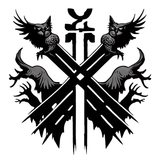 Stylized Crossroads with Shadows Design: A forked road with shadowy figures (spirits, dogs, or owls) peering from the pa tattoo design idea