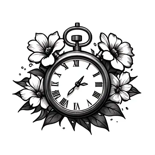 A stopwatch clock with roman numeral numbers, with 2 flowers at the top, the clock showing the time 9:25 with the date 2 tattoo design idea