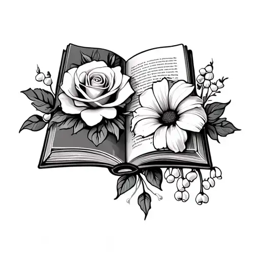 open book with a rose, daisy, lily of the valley, gladiolus tattoo design idea