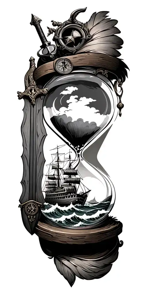 an hourglass with an old battleship on rough seas in the bottom half & a sword, pistol, quill & compass in the top half tattoo design idea
