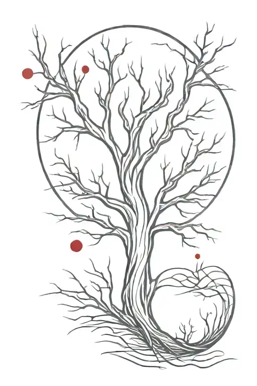many lines poison tree with flowing red blood and words instead of branches pierced by a blade made of many curved lines tattoo design idea