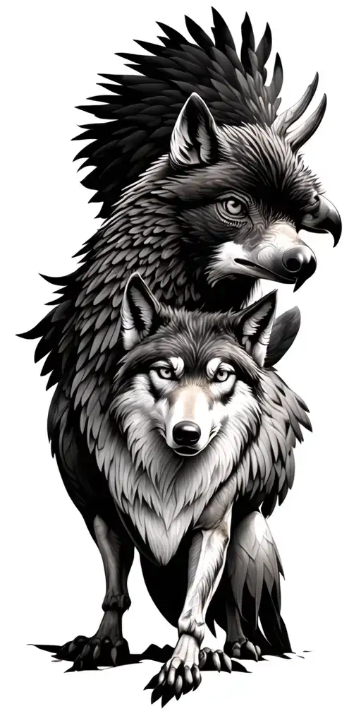 train deer eagle wolf standing tattoo design idea