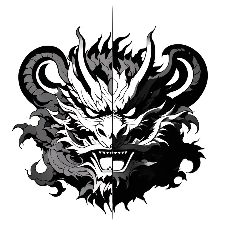 oni mask split in half with dragon wrapped around in clouds  tattoo design idea