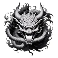 oni mask split in half with dragon wrapped around in clouds  tattoo design idea