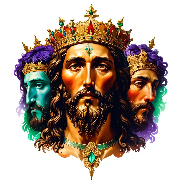 Eliajah face Jesus face and king in my full back with red royal blue purple and emerald green in color and cool desig tattoo design idea