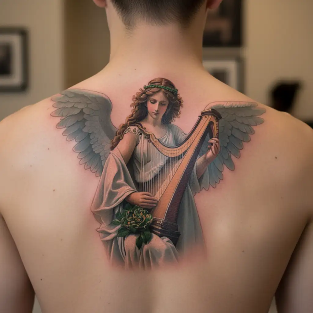 irish harp with angel tattoo design idea