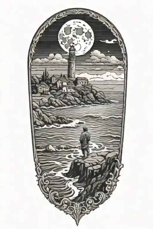A lone hermit, wandering by the ocean, looking out at sea. Monastery in the background and full moon tattoo design idea