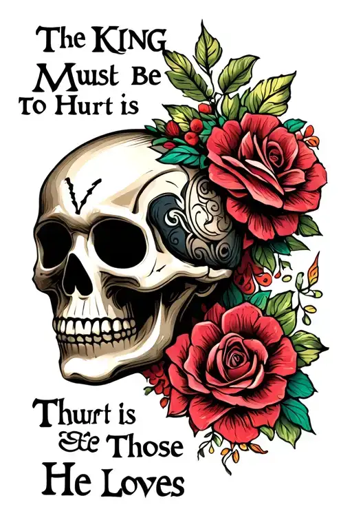 Sugar skull where in the Mexican style the text of The King Must Be Able to Hurt Those He Loves is written tattoo design idea