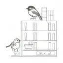 A bookshelf tattoo with each book representing a different family member, with a chickadee perched on the top shelf tattoo design idea