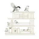 A bookshelf tattoo with each book representing a different family member, with a chickadee perched on the top shelf tattoo design idea