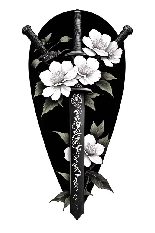 katana with sakura flowers tattoo design idea
